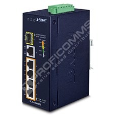 Planet IGS-614HPT: L2 industriální PoE+ switch bez managementu, 4* 10/100/1000T PoE+, 1* 10/100/1000T + 1* 100/1000X SFP, -40 až 75 C, duální 12V~56V DC