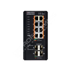 Edge-Core ECIS4500-8P4F: Průmyslový Gigabit Ethernet L2/L3 PoE+ switch s 1GE uplinkem 12 port, zdroj -48V DC