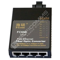 HiOSO FC650MSS20-SC-T1310: Fast Ethernet switch s managementem, 1x 100Base-FX SM WDM TX 1310nm/RX 1550nm 25km, 4x 10/100M RJ45